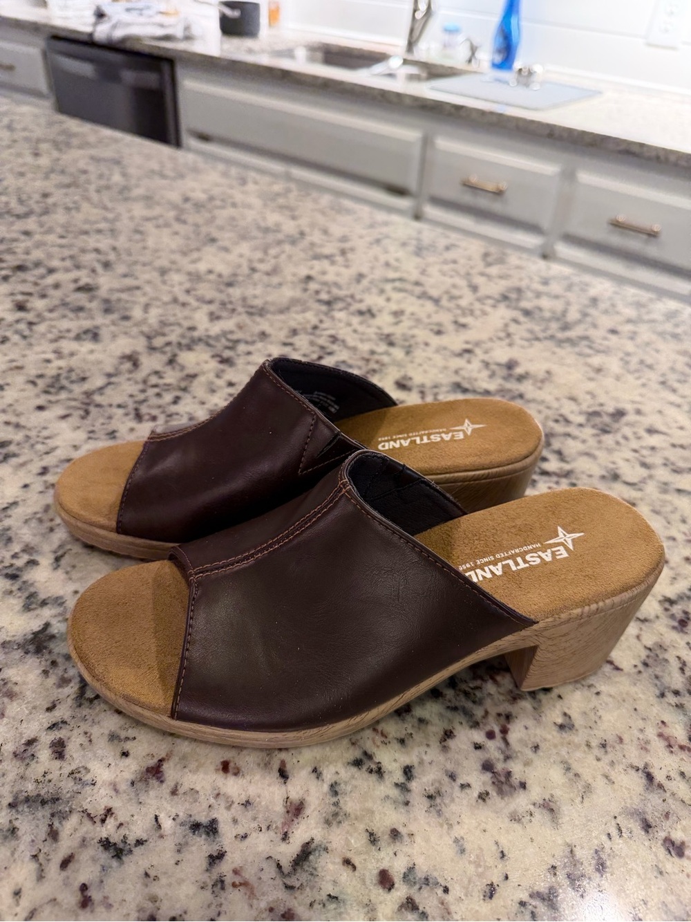 Eastland Brown Leather Open-Toe Slide Mules with Block Heel